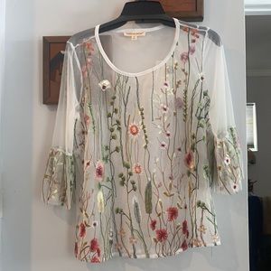SHEER BLOUSE — so cute and springy!! size MEDIUM, floral with 3/4 sleeves
